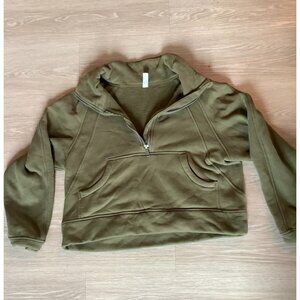 Women's Olive Green Quarter Zipper Cropped Pullover Sweatshirts Size Small